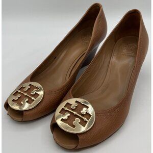 Tory Burch Brown Leather Sally Wedge Gold Logo Peep Toe Pump Women Size 10M